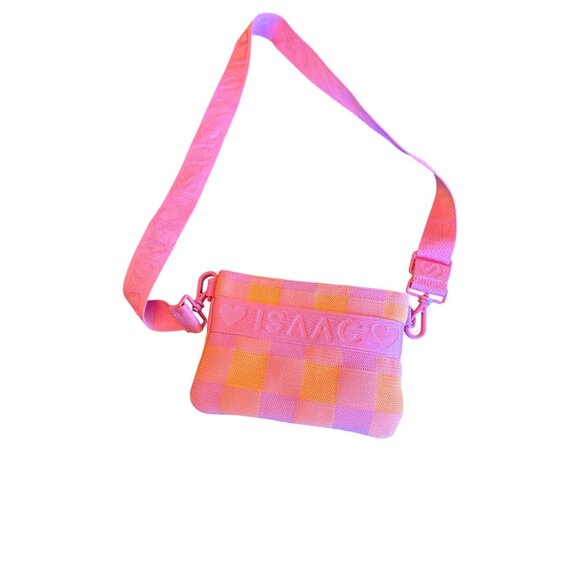 Personalized Orange & Pink Checkered Crossbody Bag With Adjustable Strap & "Isaa - Picture 4 of 5